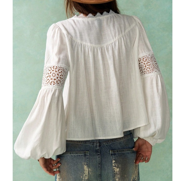Boho White V neck Lace Embroidered Linen Long Sleeve Top - Picture 6 of 8